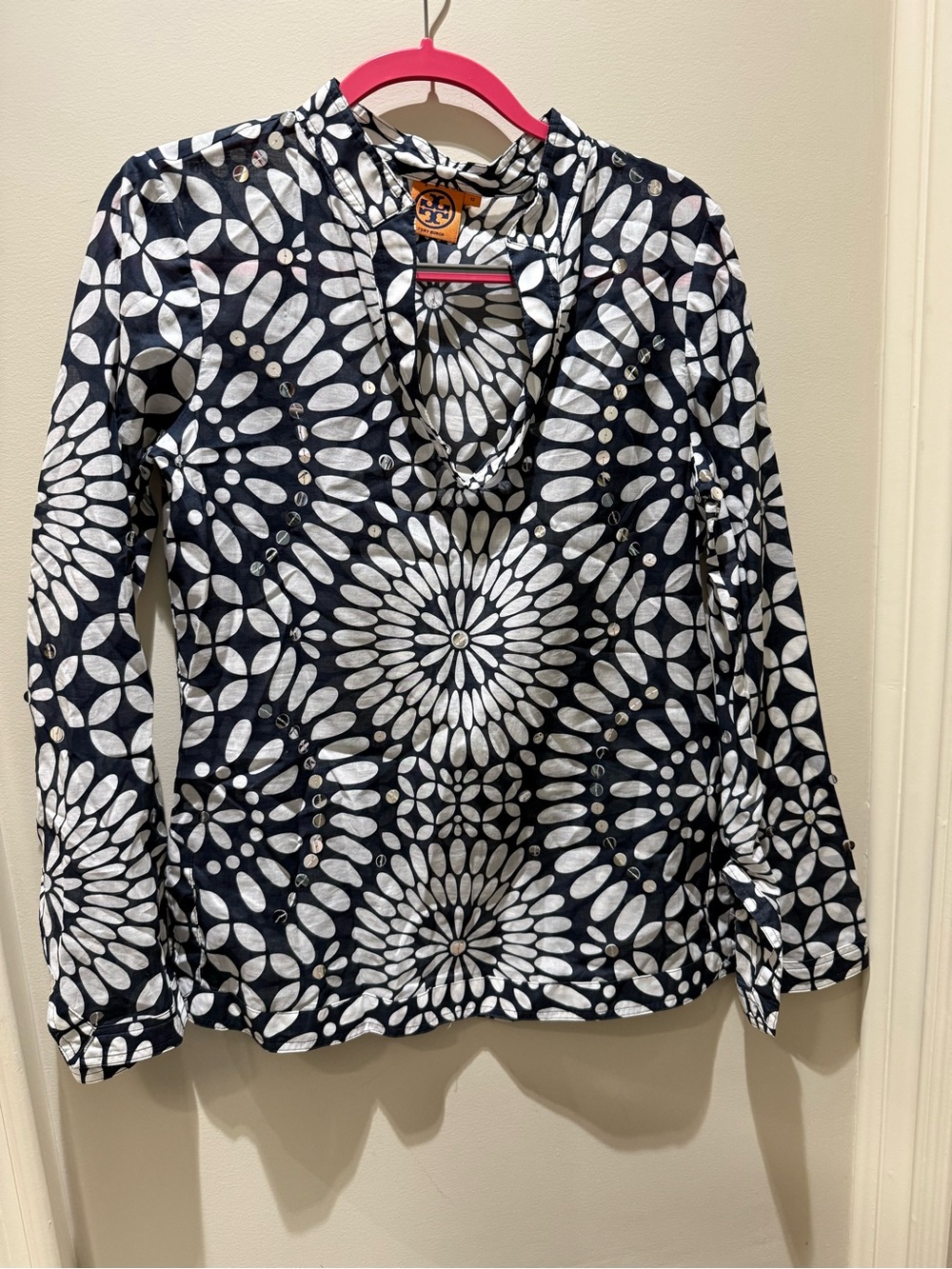 Tory Burch Navy & White Patterned Long Sleeve Top size 10